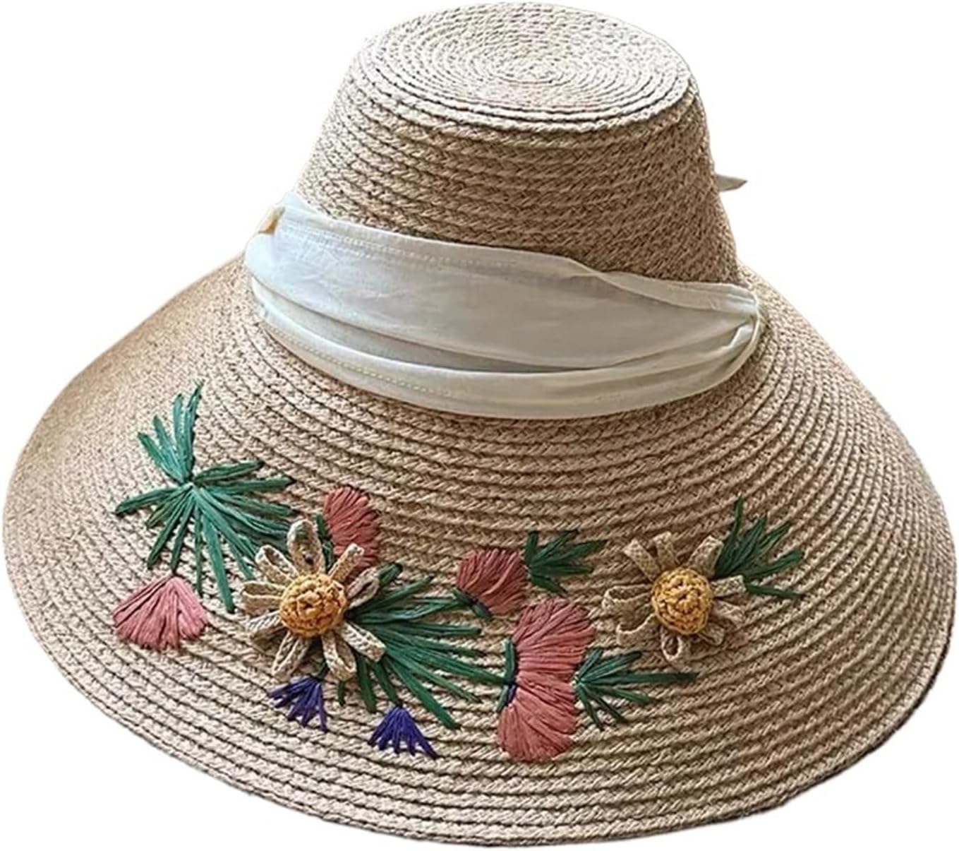 特大の手刺繍の花柄帽子 ラフィアグラスバケット